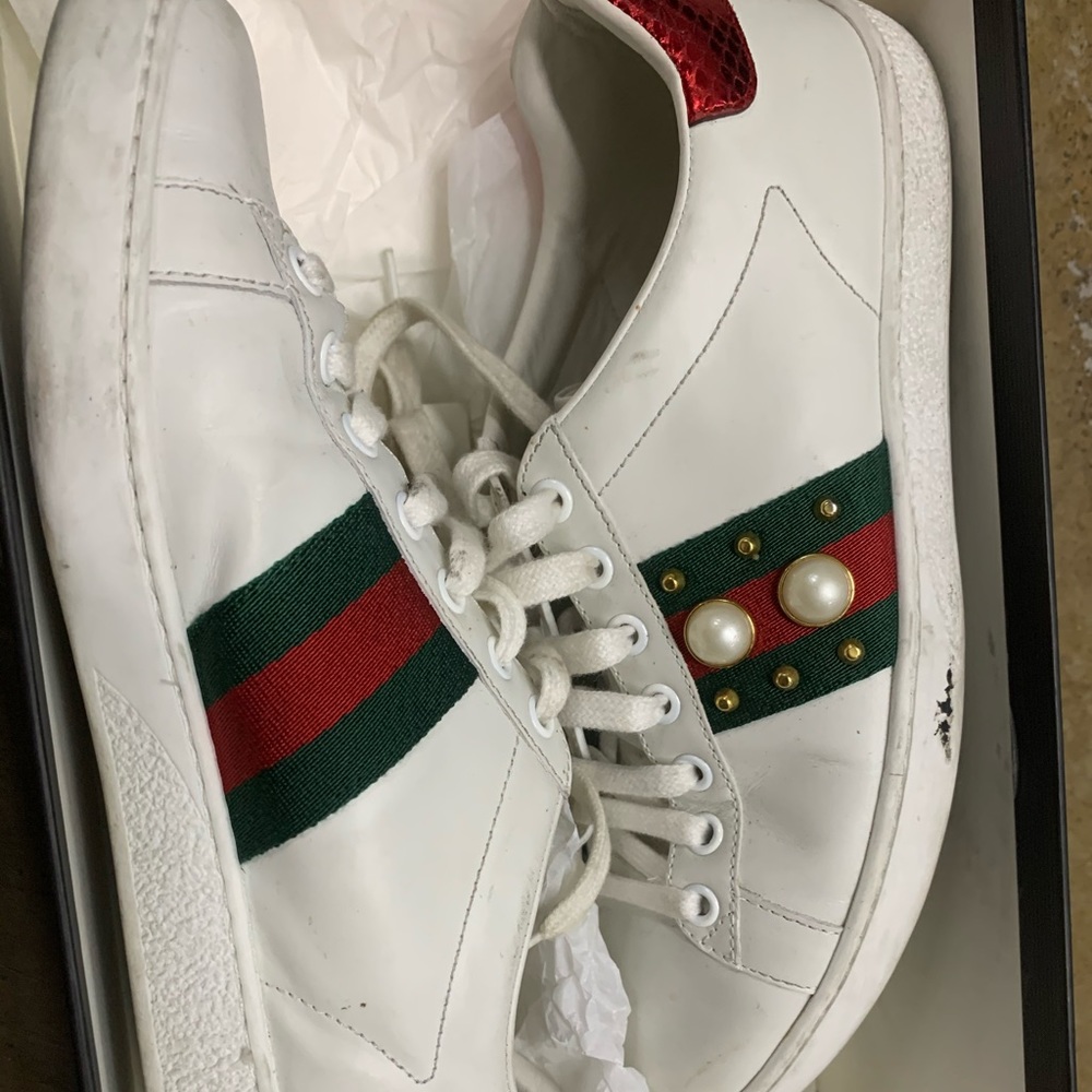 Gucci White Leather Sneakers with Green and Red Web Stripe and Pearl Accents